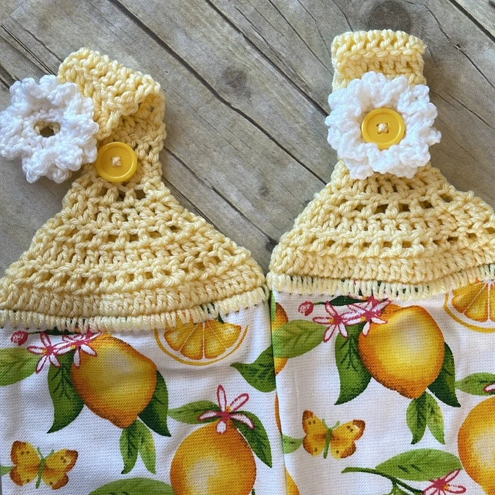Crochet Lemon Top Hanging HandTowels Set of 2 Single Thickness